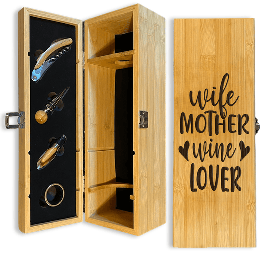 Wife Mother Wine Lover Laser Engraved Wine Box Gift Set