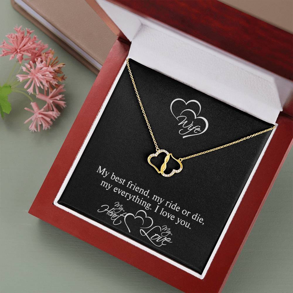 For Wife Ride or Die Everlasting Love Interlocking Hearts Pendant Necklace in 10K Solid Yellow Gold with Real Diamonds