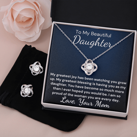 Gift to Daughter From Mom Greatest Blessing Love Knot Earring & Necklace Set