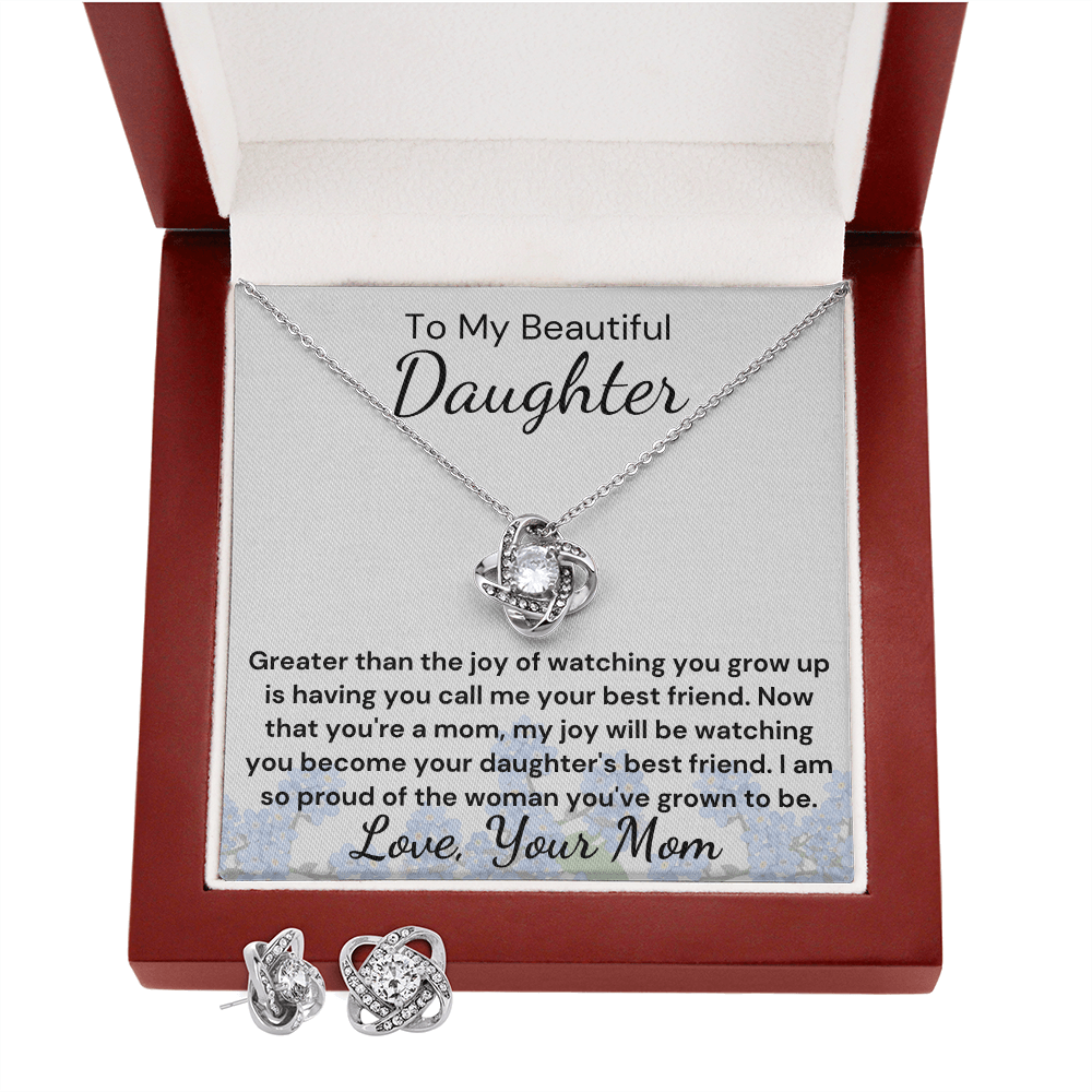 Gift to Daughter From Mom Greatest Joy Love Knot Earring & Necklace Set