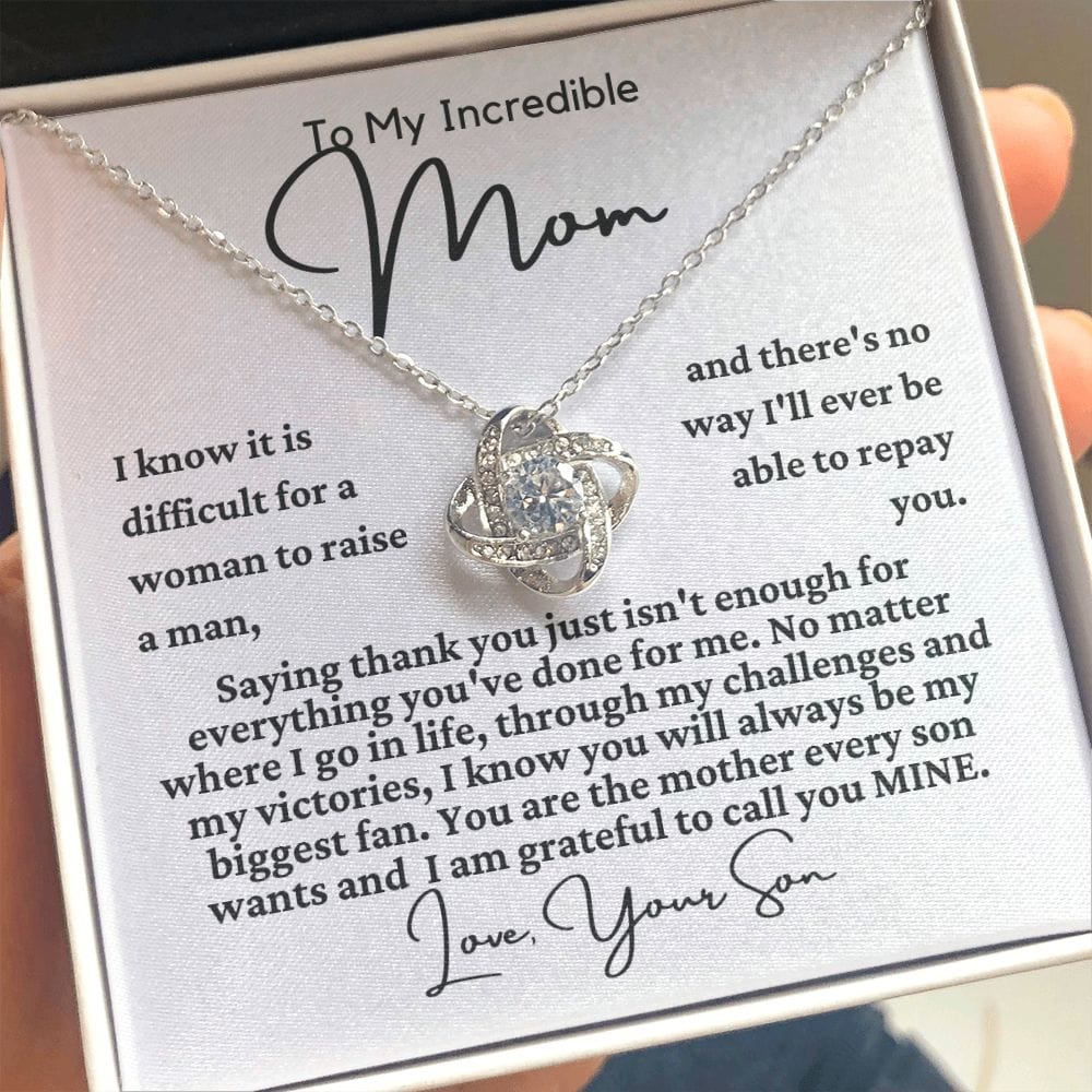To Mom From Son "I know it is difficult..." Love Knot Necklace