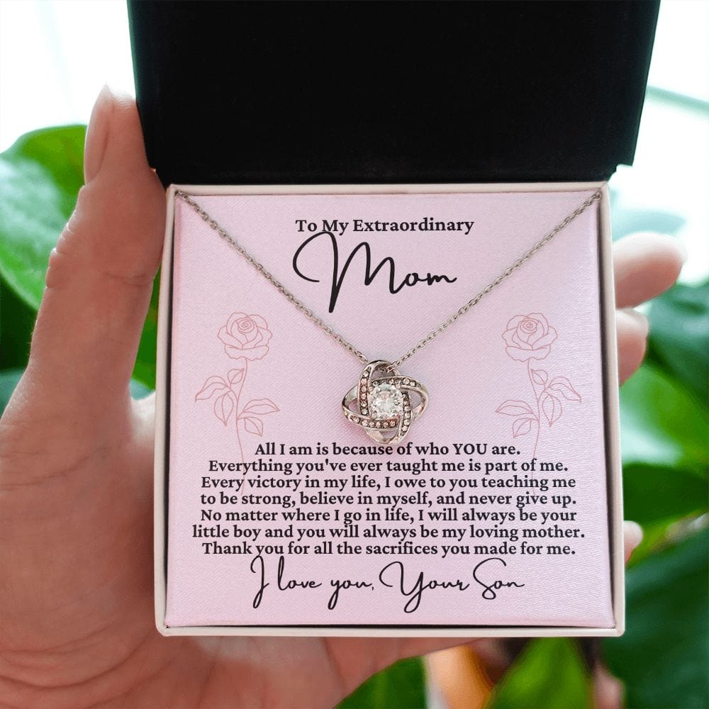 To Mom from Son "All I am is because..." Love Knot Necklace