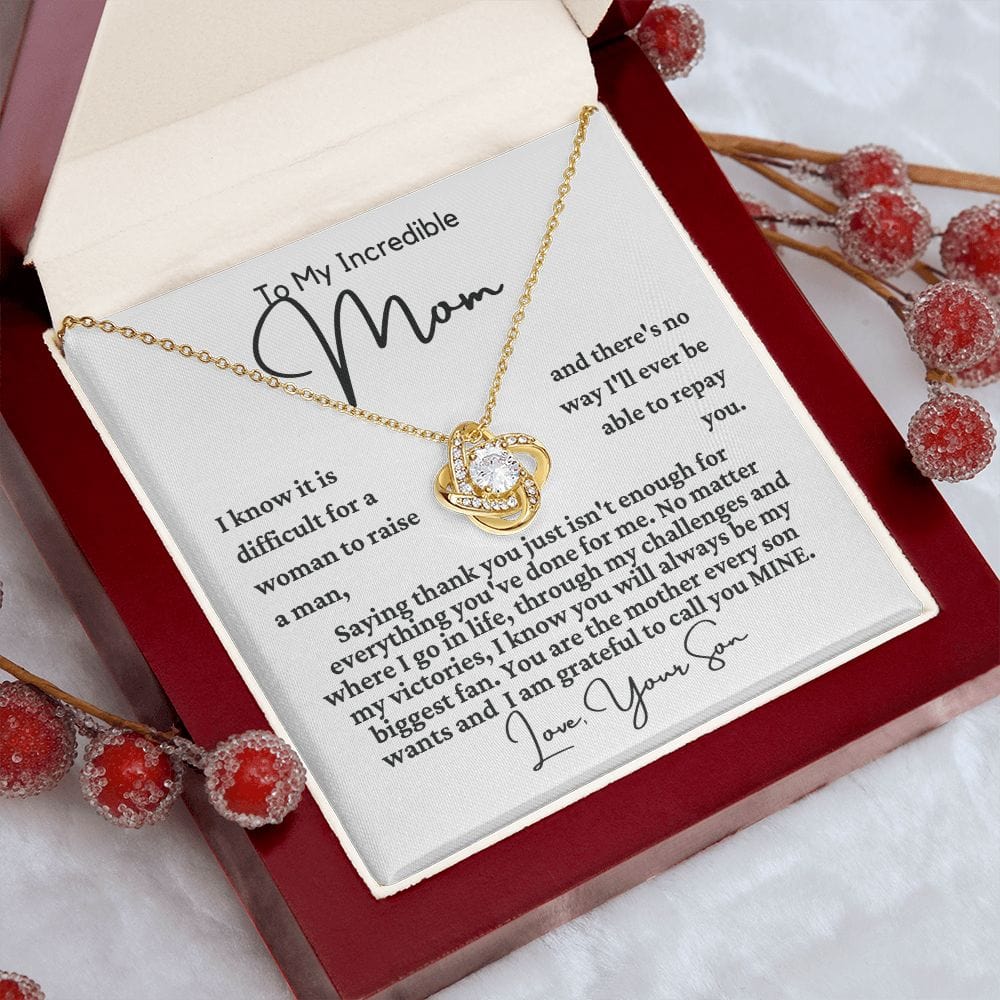 To Mom From Son "I know it is difficult..." Love Knot Necklace