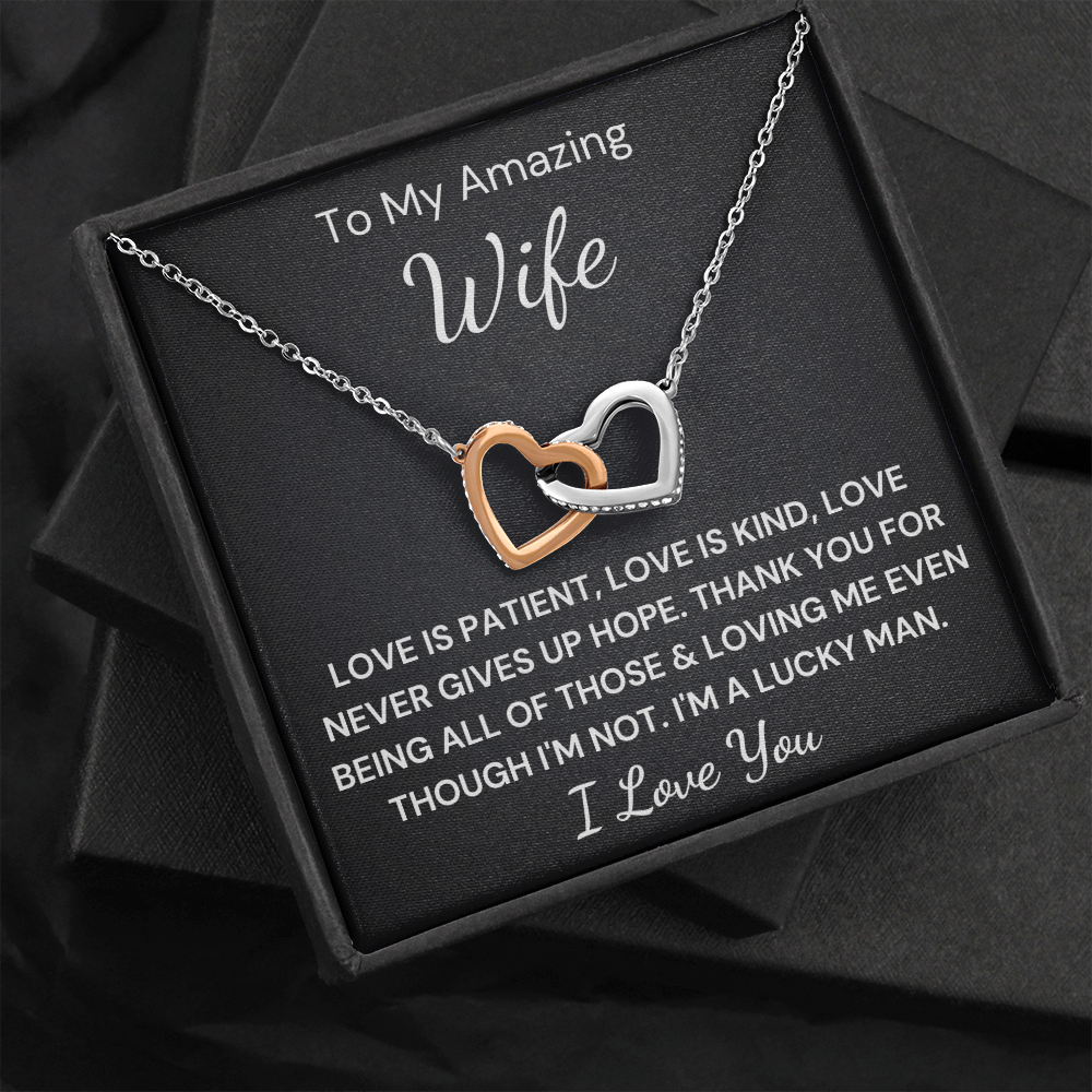 Gift to Amazing Wife -  Interlocking Hearts with Sparkling Cubic Zirconia Crystals with White Gold and Rose Gold over Stainless Steel