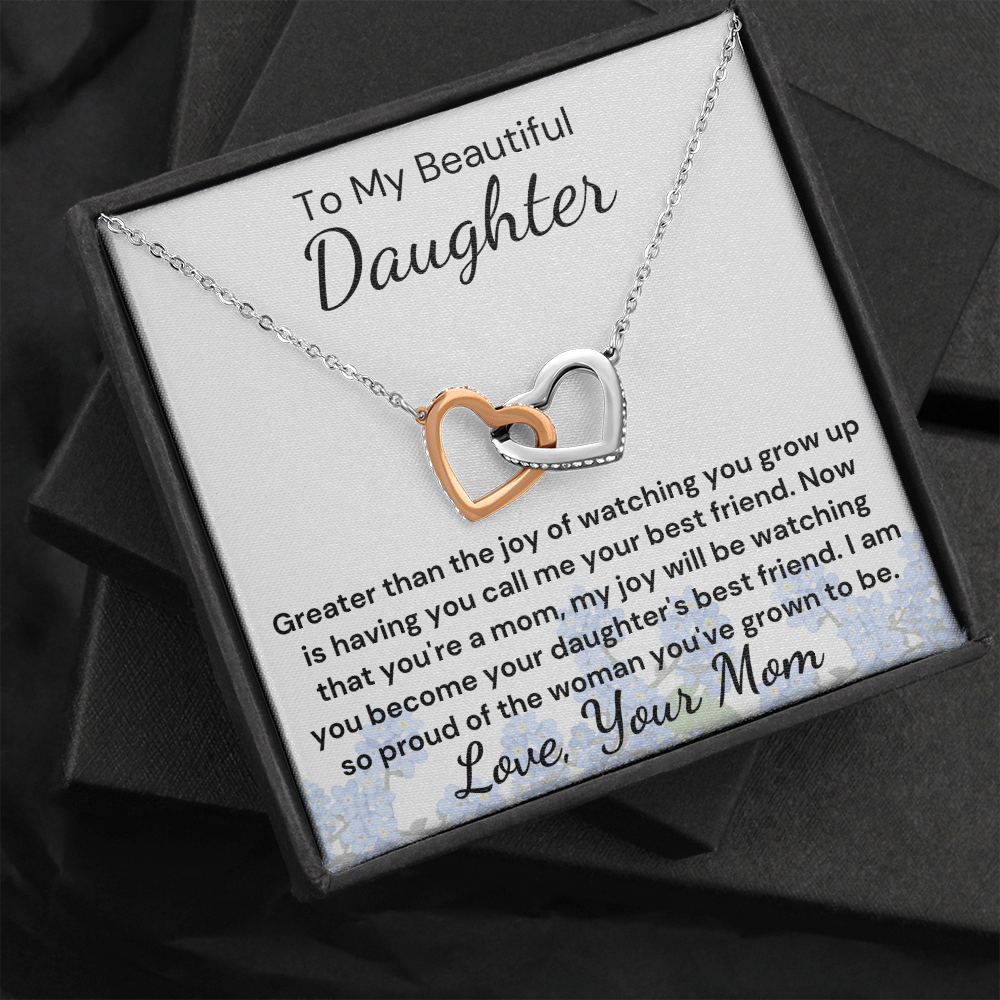 Gift to Daughter from Mom - Greater Blessing Interlocking Hearts with Sparkling Cubic Zirconia Crystals with White Gold and Rose Gold over Stainless Steel