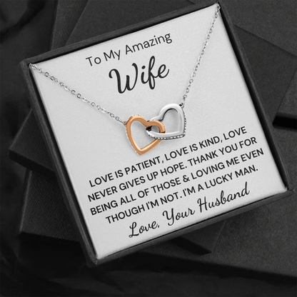 Gift to Amazing Wife - Interlocking Hearts with Sparkling Cubic Zirconia Crystals with White Gold and Rose Gold over Stainless Steel