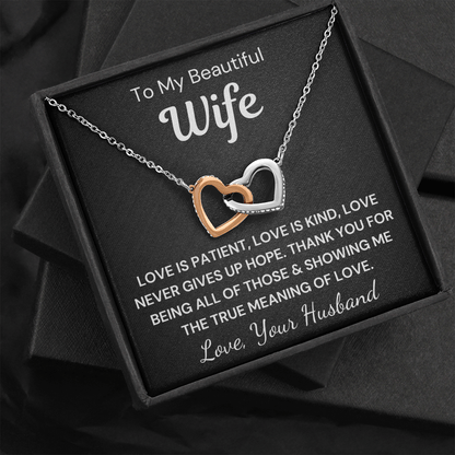 Gift to Wife... Love Is Patient - Interlocking Hearts with Sparkling Cubic Zirconia Crystals with White Gold and Rose Gold over Stainless Steel