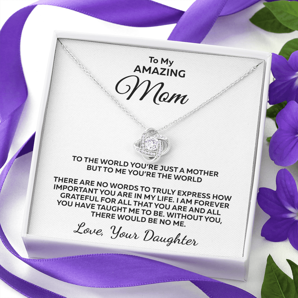 You're The World... Love Knot 14K White Gold Over Stainless Steel Necklace To Mom From Daughter