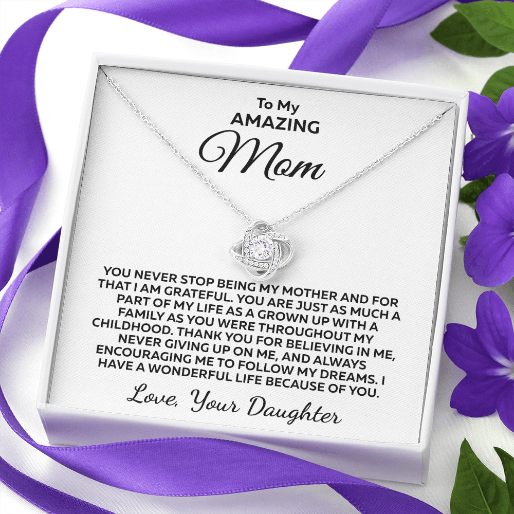You Never Stop.... Love Knot 14K White Gold Over Stainless Steel Necklace To Mom From Daughter