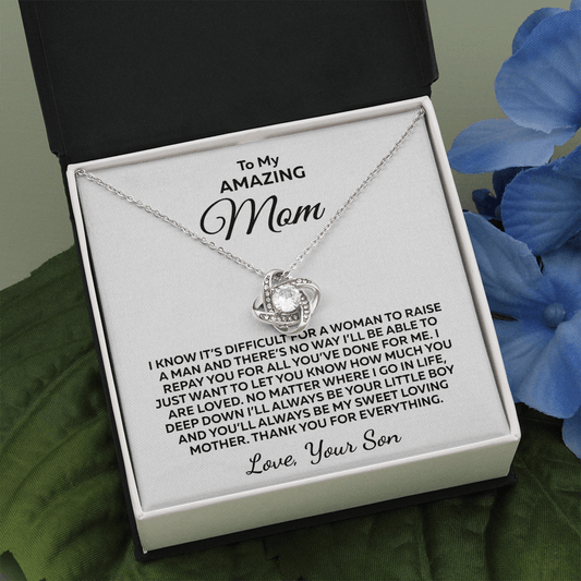 Difficult To Raise... Love Knot 14K White Gold Over Stainless Steel Necklace to Mom From Son