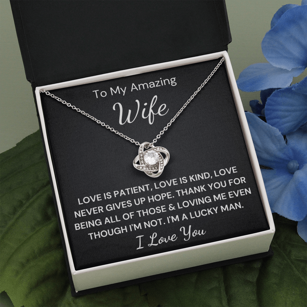 Gift to Wife - Love Never Gives Up... Love Knot 14K White Gold Over Stainless Steel Necklace