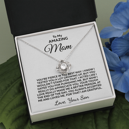 You're Fierce... Love Knot 14K White Gold Over Stainless Steel Necklace To Mom From Son
