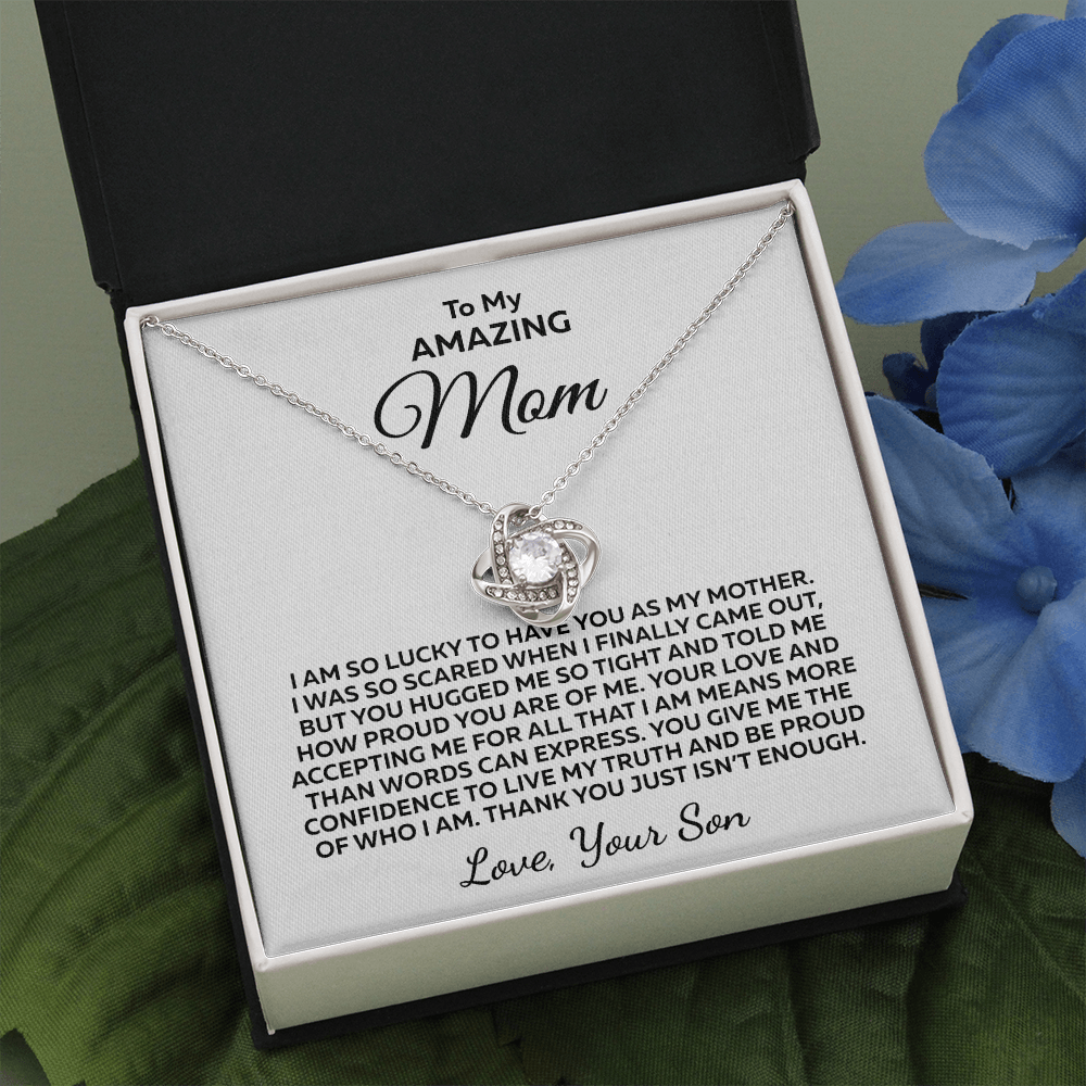 LGBTQIA+ Living My Truth... Love Knot 14K White Gold Over Stainless Steel Necklace To Mom From Son