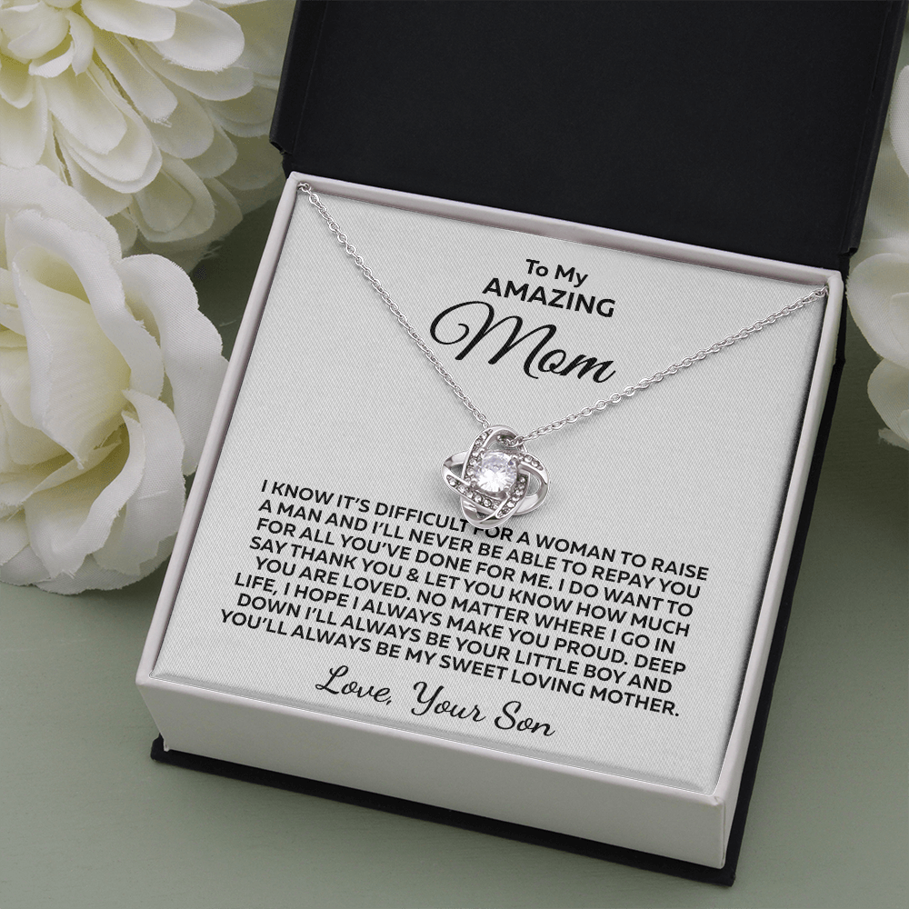 Difficult To Raise A Man... Love Knot 14K White Gold Over Stainless Steel Necklace To Mom From Son