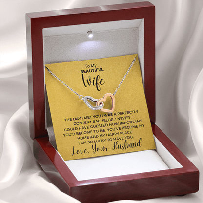 Gift to Beautiful Wife -  Interlocking Hearts with Sparkling Cubic Zirconia Crystals with White Gold and Rose Gold over Stainless Steel