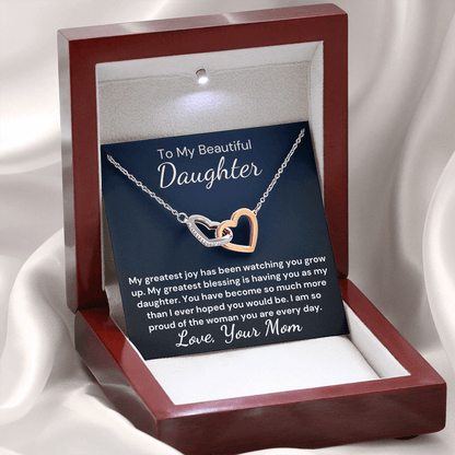 Gift to Daughter from Mom - Greater Blessing Interlocking Hearts with Sparkling Cubic Zirconia Crystals with White Gold and Rose Gold over Stainless Steel