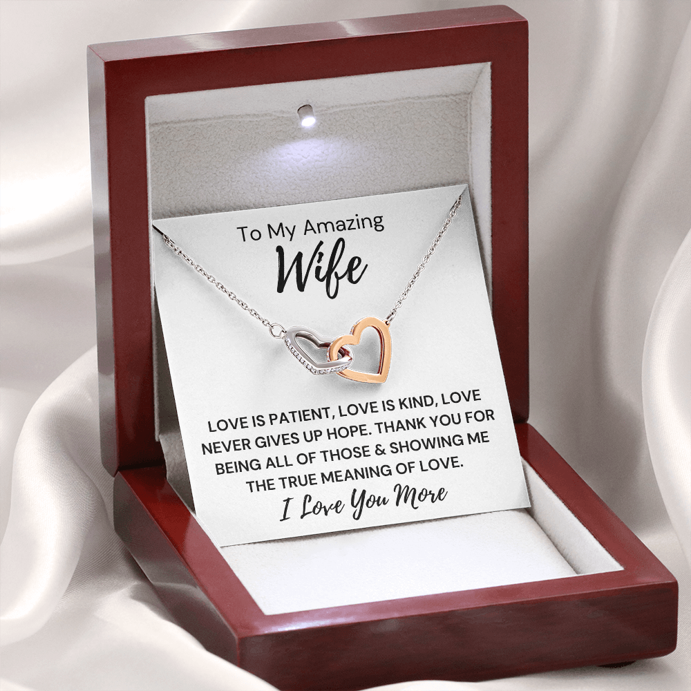 Gift to Wife... Love Is Kind -  Interlocking Hearts with Sparkling Cubic Zirconia Crystals with White Gold and Rose Gold over Stainless Steel