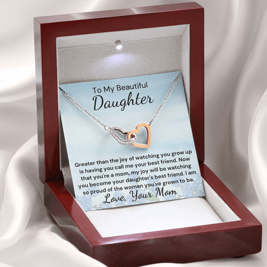 Gift to Daughter from Mom - Greater Joy Interlocking Hearts with Sparkling Cubic Zirconia Crystals with White Gold and Rose Gold over Stainless Steel