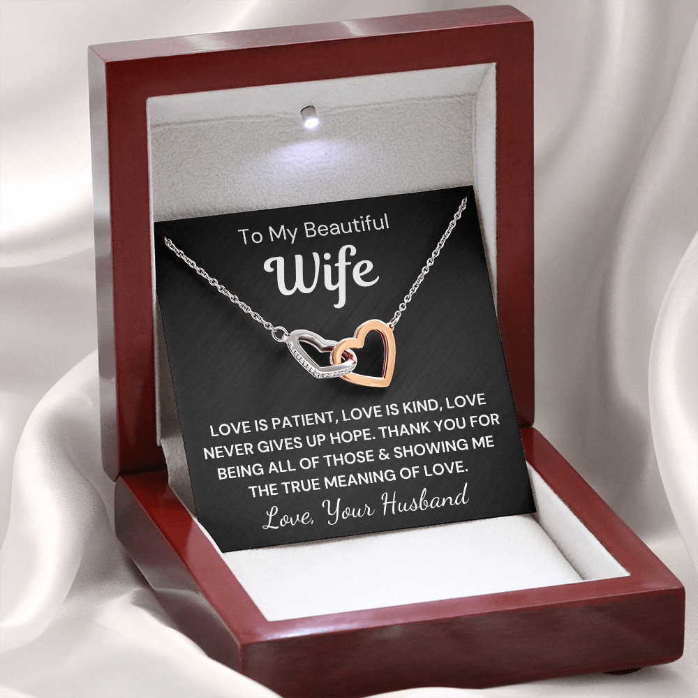 Gift to Wife... Love Is Patient - Interlocking Hearts with Sparkling Cubic Zirconia Crystals with White Gold and Rose Gold over Stainless Steel