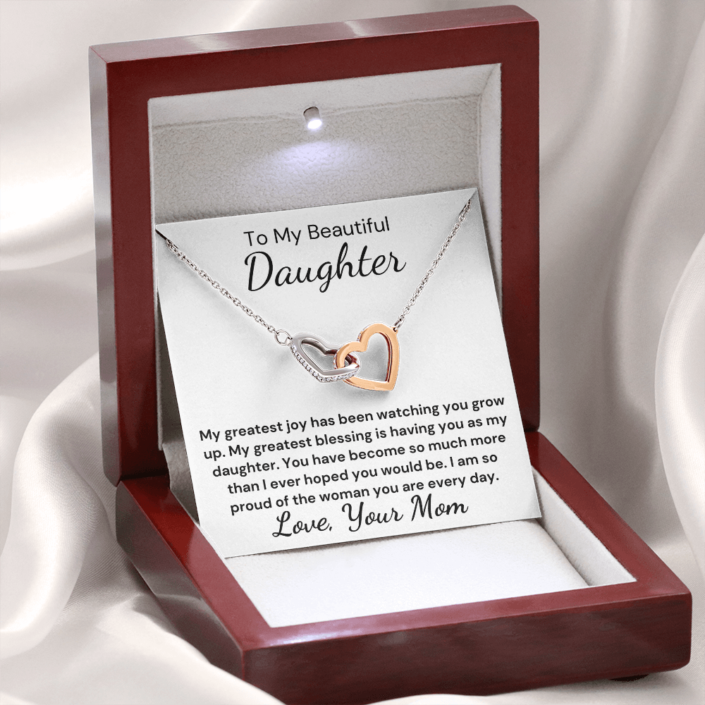 Gift to Daughter from Mom - Greater Blessing Interlocking Hearts with Sparkling Cubic Zirconia Crystals with White Gold and Rose Gold over Stainless Steel