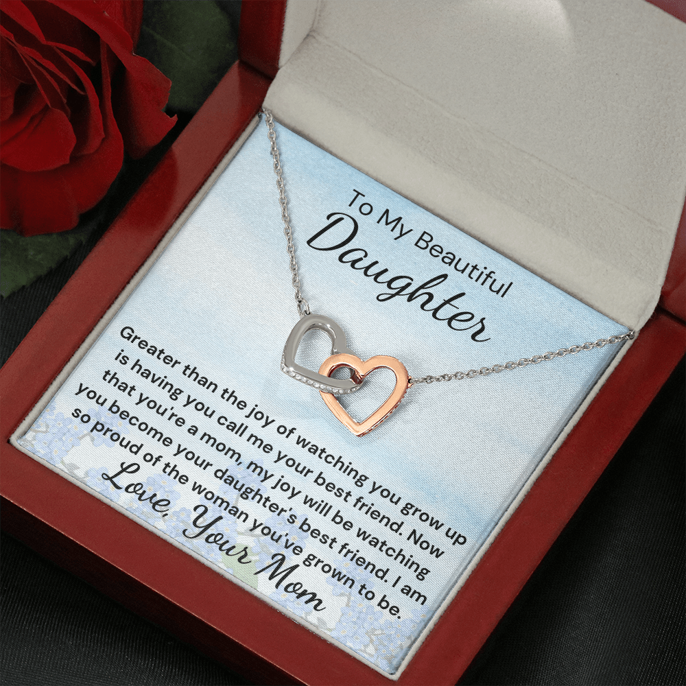 Gift to Daughter from Mom - Greater Joy Interlocking Hearts with Sparkling Cubic Zirconia Crystals with White Gold and Rose Gold over Stainless Steel