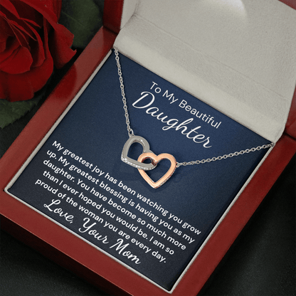 Gift to Daughter from Mom - Greater Blessing Interlocking Hearts with Sparkling Cubic Zirconia Crystals with White Gold and Rose Gold over Stainless Steel