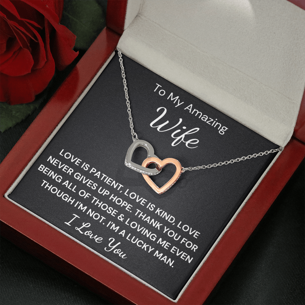 Gift to Amazing Wife -  Interlocking Hearts with Sparkling Cubic Zirconia Crystals with White Gold and Rose Gold over Stainless Steel