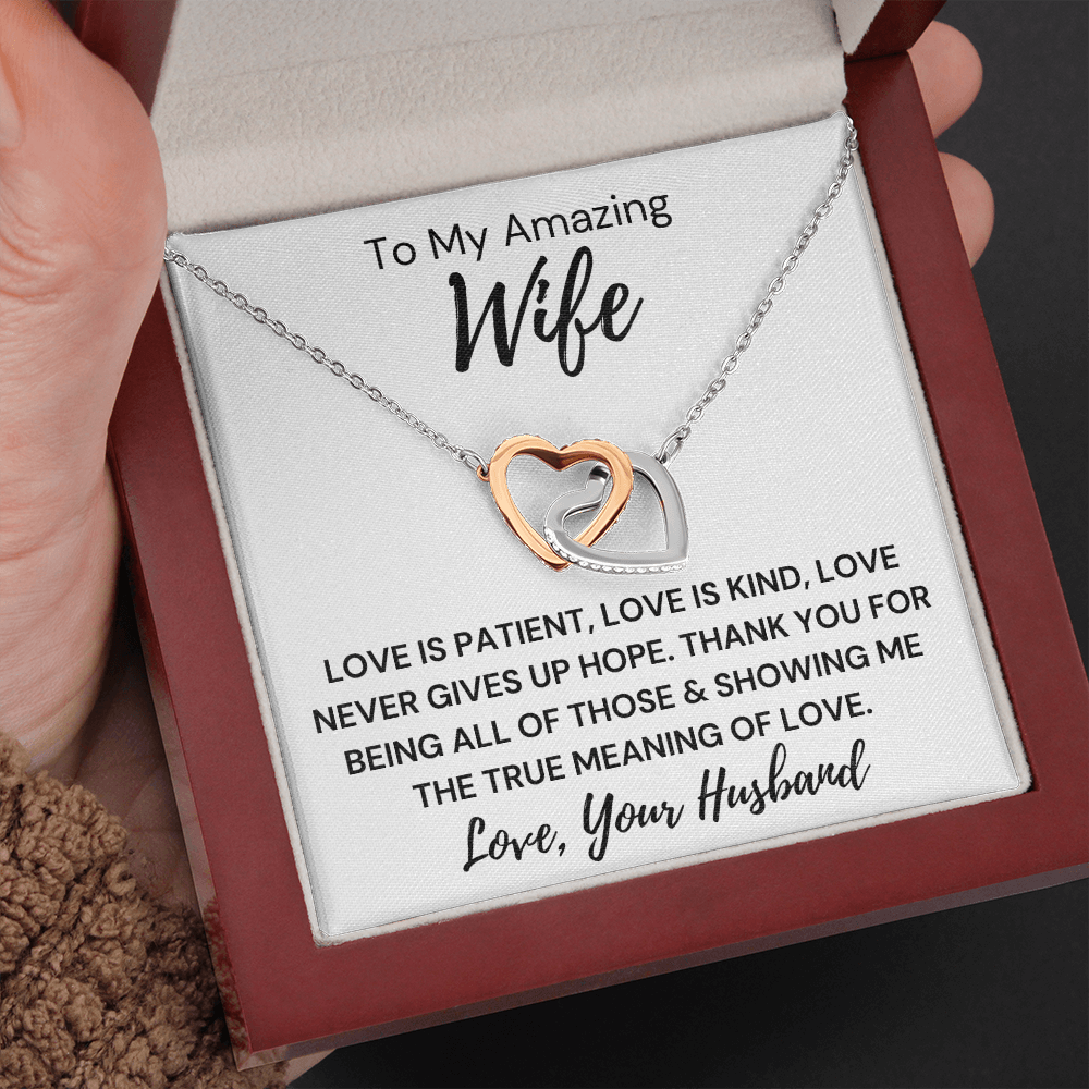 Gift to Wife... Love Is Kind -   Interlocking Hearts with Sparkling Cubic Zirconia Crystals with White Gold and Rose Gold over Stainless Steel