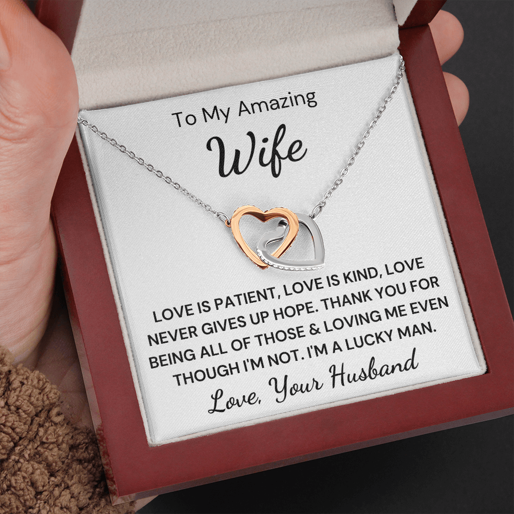 Gift to Amazing Wife - Interlocking Hearts with Sparkling Cubic Zirconia Crystals with White Gold and Rose Gold over Stainless Steel