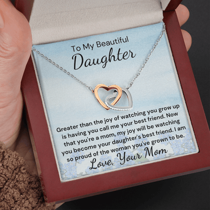 Gift to Daughter from Mom - Greater Joy Interlocking Hearts with Sparkling Cubic Zirconia Crystals with White Gold and Rose Gold over Stainless Steel