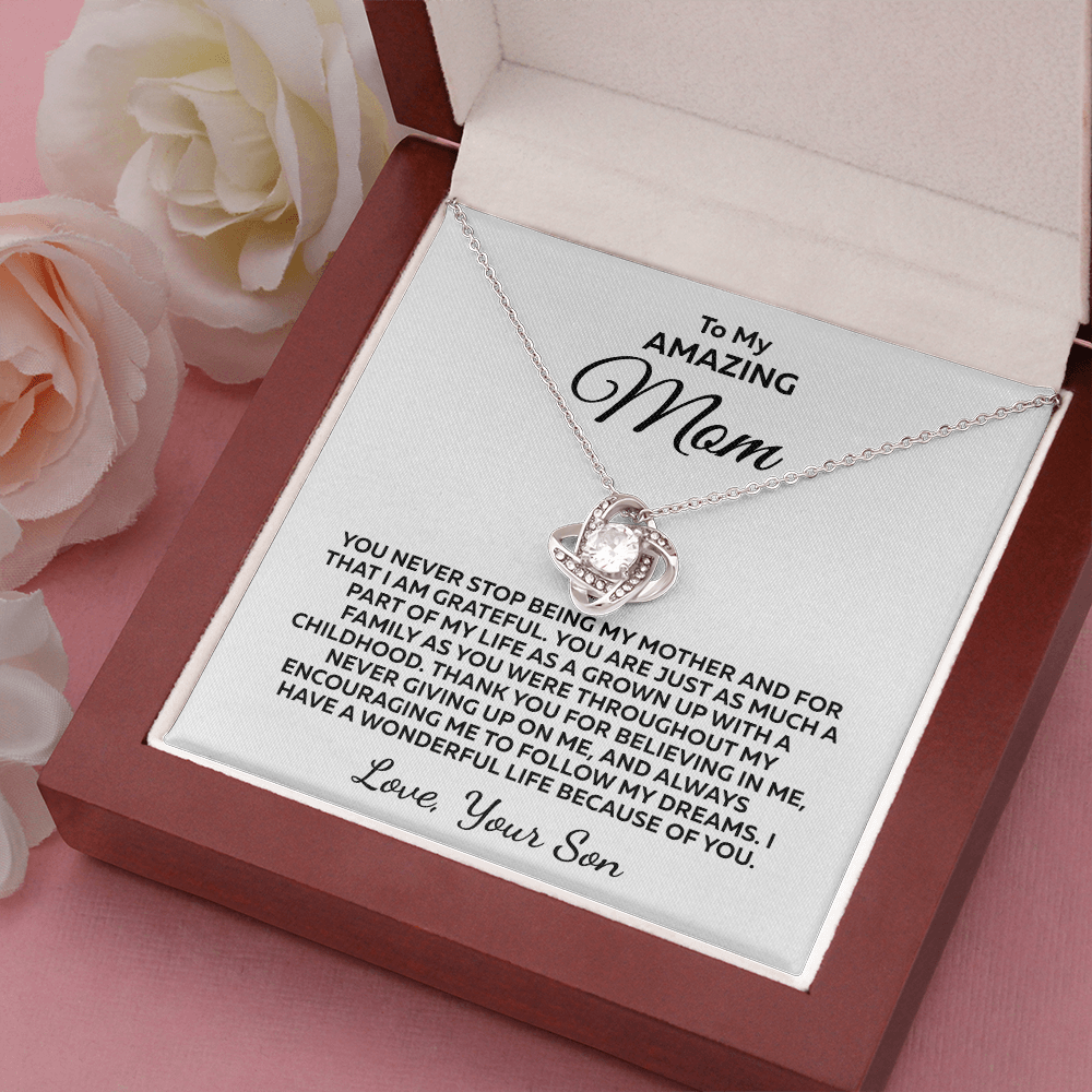 You Never Stop... Love Knot 14K White Gold Over Stainless Steel Necklace To Mom From Son