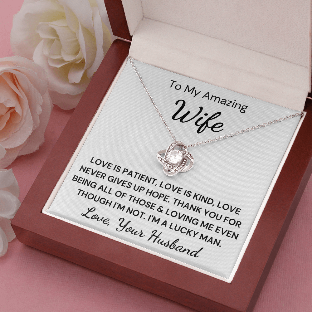 Gift to Wife - Love Never Gives Up... Love Knot 14K White Gold Over Stainless Steel Necklace