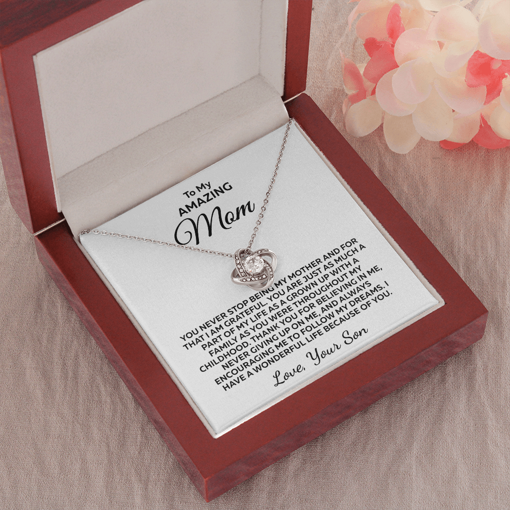 You Never Stop... Love Knot 14K White Gold Over Stainless Steel Necklace To Mom From Son