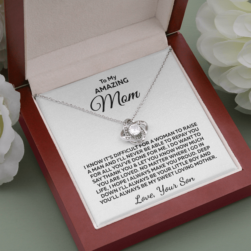 Difficult To Raise A Man... Love Knot 14K White Gold Over Stainless Steel Necklace To Mom From Son