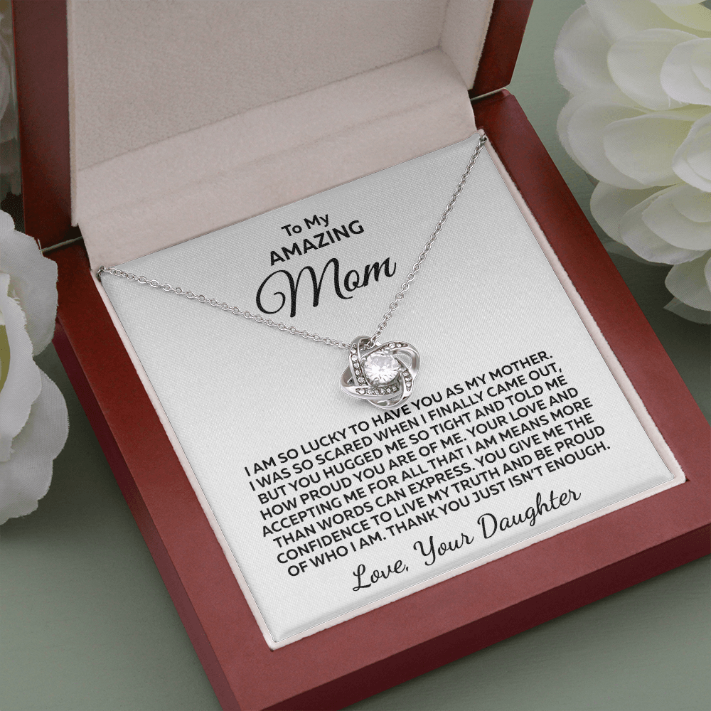 LGBTQIA+ Living My Truth... Love Knot 14K White Gold Over Stainless Steel Necklace To Mom From Daughter