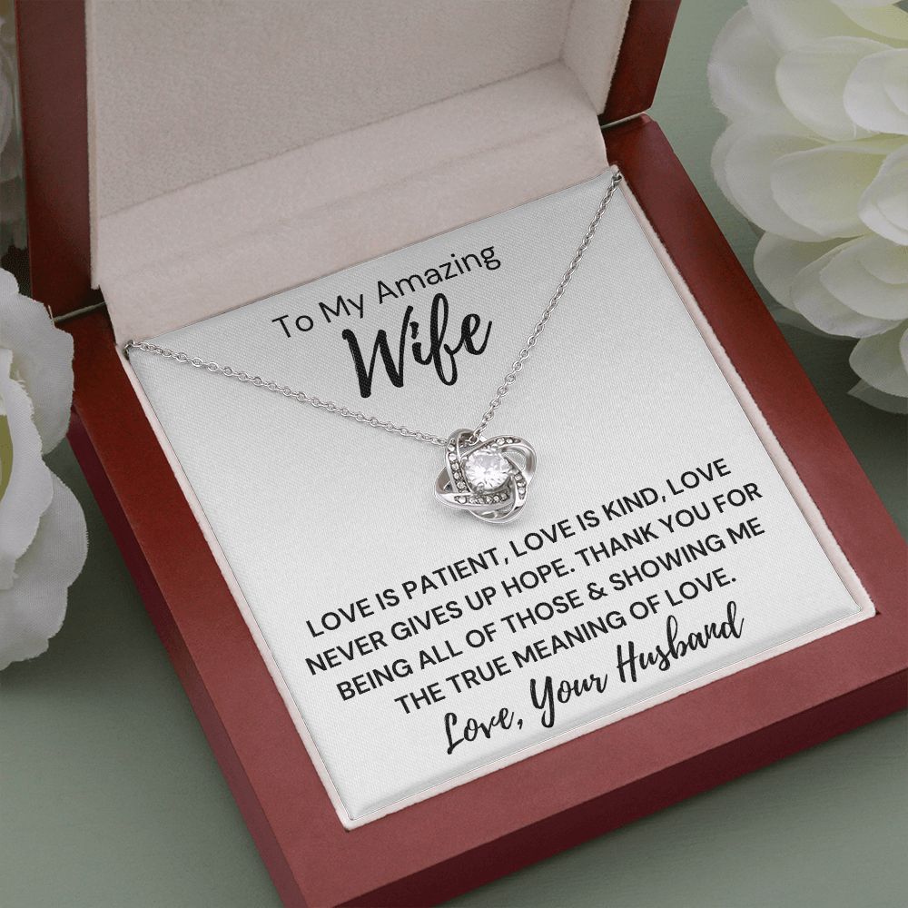 Gift to Wife - Love is Patient... Love Knot 14K White Gold Over Stainless Steel Necklace