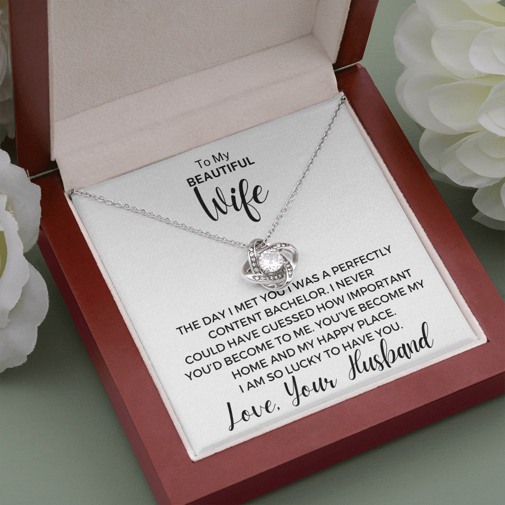Gift to Wife - The Day I Met You... Love Knot 14K White Gold Over Stainless Steel Necklace